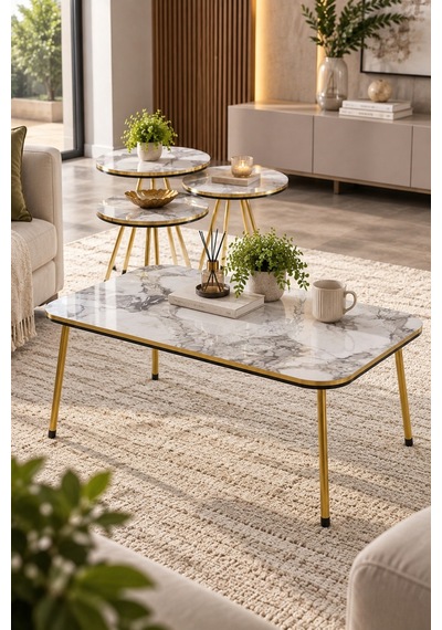 Sulorahome Beyaz Mermer Desenli Ve Gold Metal Ayaklı 4'lü Sehpa Seti