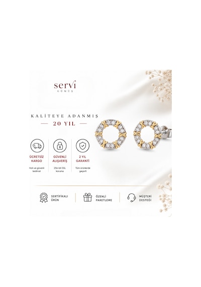 Servi 925 Ayar Gümüş Golden Stitch Zirkon Taşlı İki Renkli Halka Küpe-526