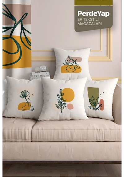Soyut Çiçekler Desenli 4lü Dijital Baskılı Kırlent Kılıfı 43 X 43 Cm Krem-hardal 053 Hardal-yeşil
