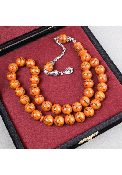 Sıkma Kehribar Allah Cc 99 İsmi Yazılı 925ayar Gümüş Püsküllü Küre Kesim 14mm Tesbih Turuncu