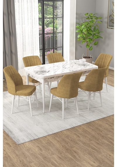 Arel Beyaz Mermer 80x132 Açılabilir Mdf Masa Yemek Odası Takımı, Mutfak Takımı 6 Adet Sandalye Beyaz Mermer - 6 Cappuccino - Beyaz Ayak
