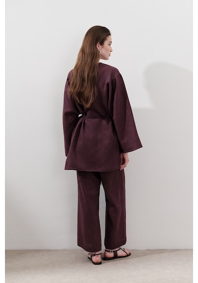 Manuka Keten Kruvaze Kapama Kimono Mürdüm Mürdüm