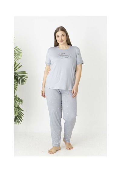 Estiva Kadın Puantiye Alt Desenli Kısa Kollu Soft Battal Pijama Takımı Gri