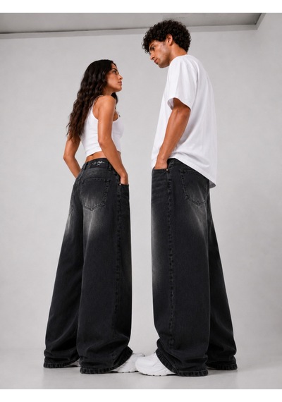 St.poll Vintage Siyah Yıkamalı Unisex Baggy Jean