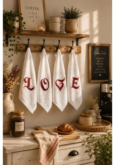 Love Nakışlı 4'lü Mutfak Ve El&yüz Havlu Seti 30x50 Cm Çok Renkli
