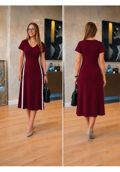 Alyn Wear Kadın Kısa Kollu V Yakalı Yanları Şerit Detaylı Viskon Iki Iplik Midi Elbise Bordo