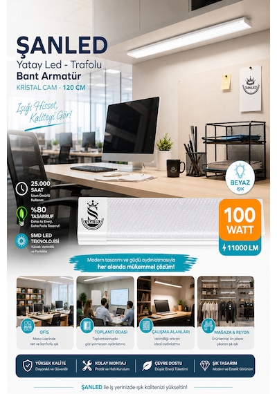 100wat 120 Cm Kristal Yatay Led Bant Armatür-trafolu Beyaz Işık -4 Adettir