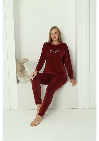 Akbeniz Kadın Kadife Bordo Pijama Takım 20624 - S Bordo