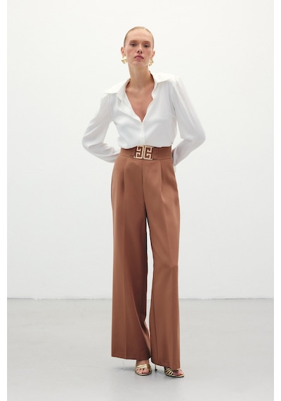 Sateen Bel Aksesuarlı Bol Paça Pantolon - Camel