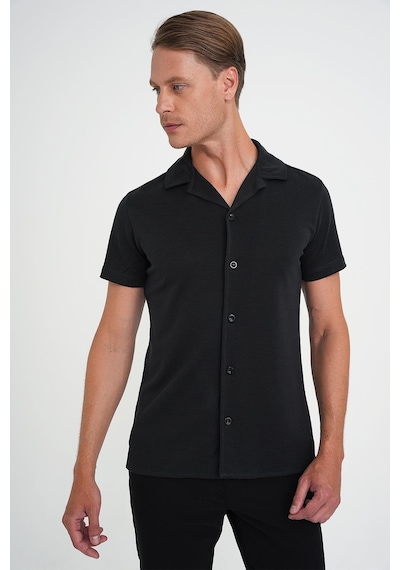 Efor Slim Fit Apaş Yaka Modal Karışımlı Kısa Kol Siyah Gömlek G 1590 Siyah