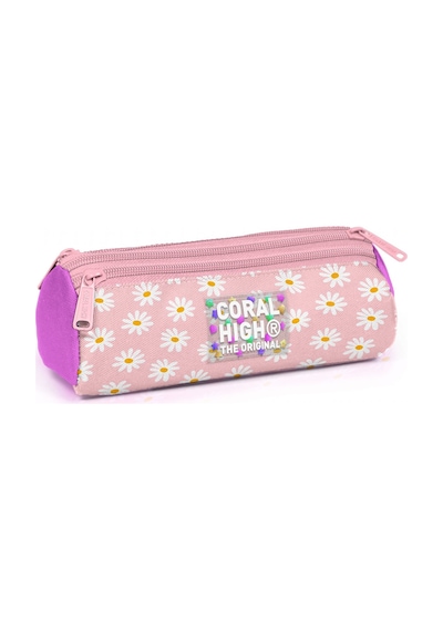 Coral High Kız Çocuk Pembe Beyaz Papatya Desenli Üç Gözlü Okul Kalem Çantası 31024