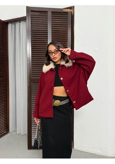 Verymoda Peluş Yakalı Dügmeli Kaşe Mont F2048 Bordo