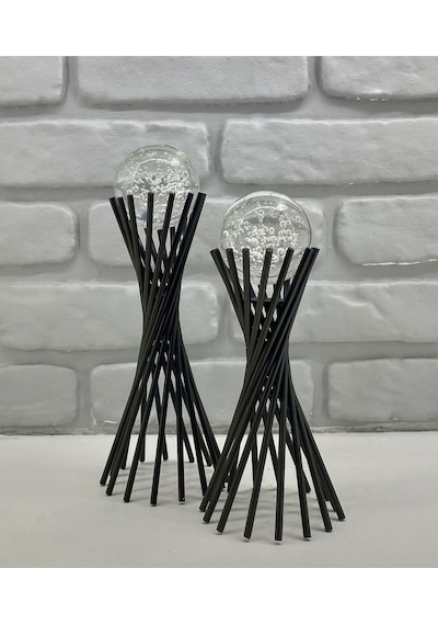 Siyah Metal 2'li Set Salon Burgu Kristal Baloncuklu Camlı Dekor 1 Takım