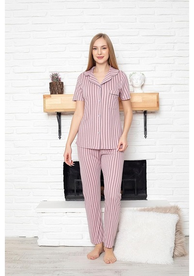 Lacivert Puantiyeli Viskon Pamuklu Biyeli Alt-üst Pijama Takımı Açık Bej - Siyah