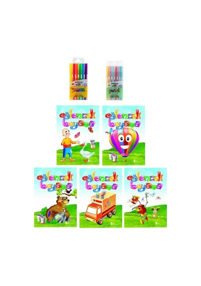 3-6 Yaş Eğlenceli Boyama Kitapları 5 Li +pensan Kids 12 Li Keçeli Boya