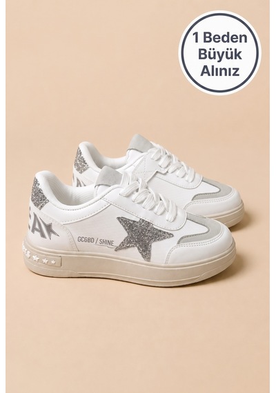 Ht Hotin Zoom Çocuk Yıldız Detaylı Günlük Sneaker Rahat Tabanlı Bağcıklı Spor Ayakkabı - Beyaz