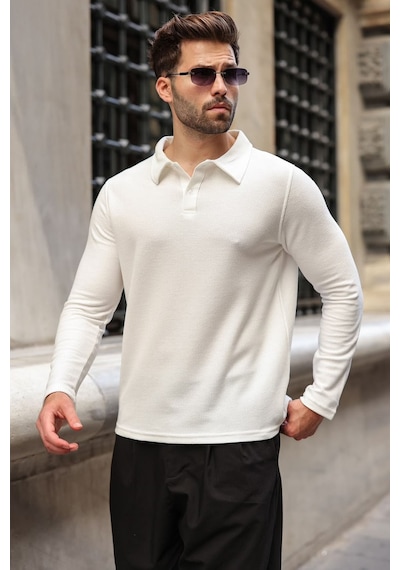 Madmext Ekru Gömlek Yaka Dokulu Regular Fit Erkek Sweatshirt E7203 Bej