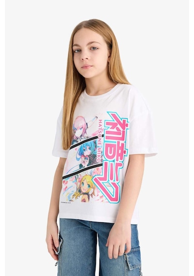 DeFacto Kız Çocuk Hatsune Miku Relax Fit Bisiklet Yaka Kısa Kollu Tişört E6516A825HSWT34 Beyaz