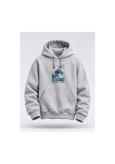 North Whiskers Hokkaido Dalga Baskılı Unisex Hoodie Japon Sanatı Temalı Kapüşonlu Sweatshirt Gri - 929992297 Gri - 929992297 Gri