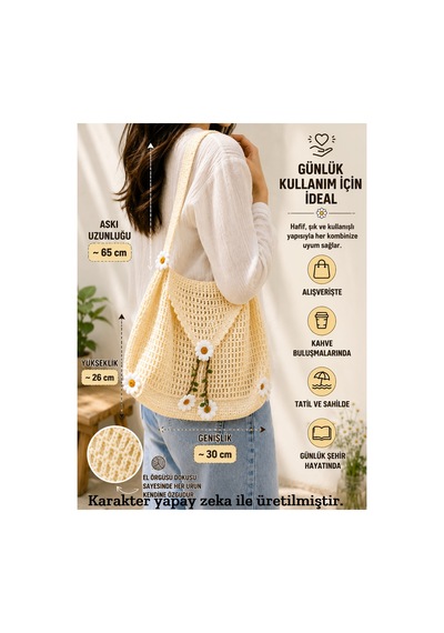 Hayalince El Yapımı Papatyalı Örgü Kadın Omuz Çantası Bohem Günlük Yaz Çantası Ekru - 893527933 Ekru