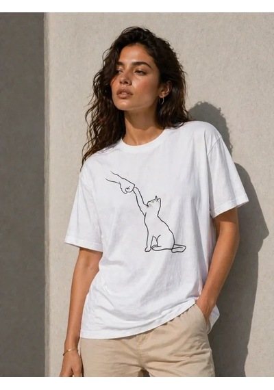 Valensdesign Minimal Kedi Çizim Baskılı Tişört Kısa Kol Yazlık T-shirt - Beyaz