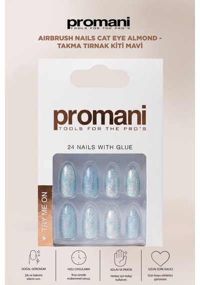 Airbrush Nails Cat Eye Almond - Takma Tırnak Kiti Mavi