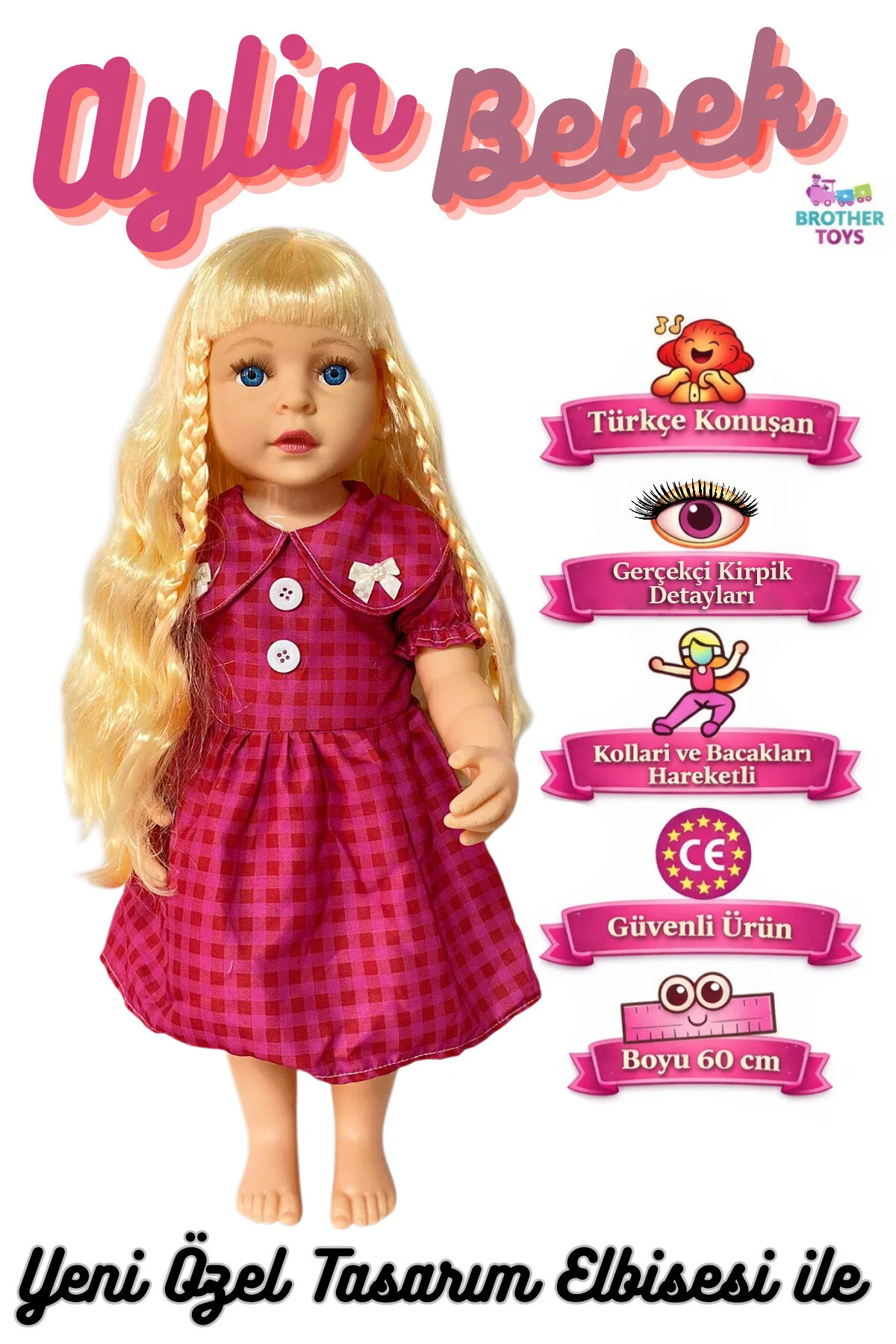 Büyük Boy Türkçe Konuşan Aylin Bebek Et Bebek Gövde Ve Bacaklar Yumuşak Pvc 60 Cm Kırmızı