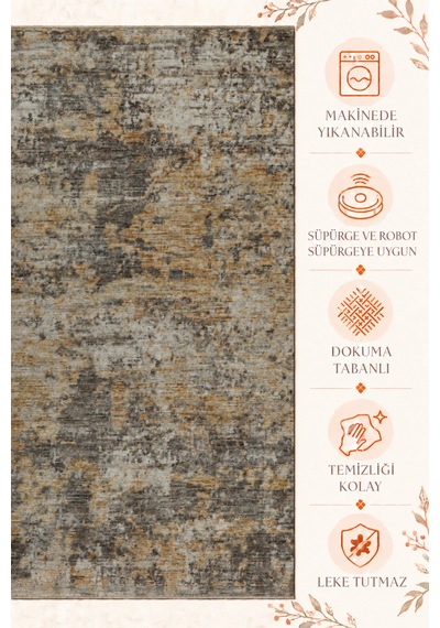 Vivanni Home Everlynn Polyester Vintage Halı Pamuk Atkı Tabanlı Modern Dokuma Ev Halısı Kahverengi Gold