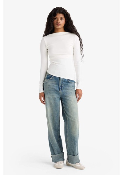 Defacto Slim Fit Dar Kesim Kayık Yaka Ribana Uzun Kollu Tişört G1581ax25auer105 Ekru
