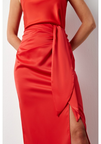 Sateen Bağlamalı Saten Etek - Mercan