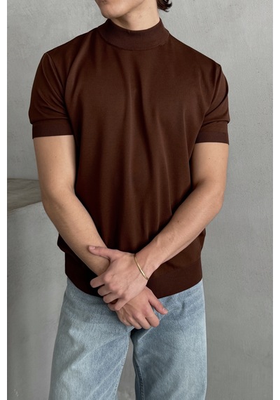 Erkek Oversize Yarım Balıkçı Triko T-shirt Kahverengi