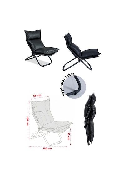 Lumis Garden Prestij Katlanabilir Deri Lounge Koltuğu Çıkarılabilir Kılıf, Modern Metal İskelet Siyah