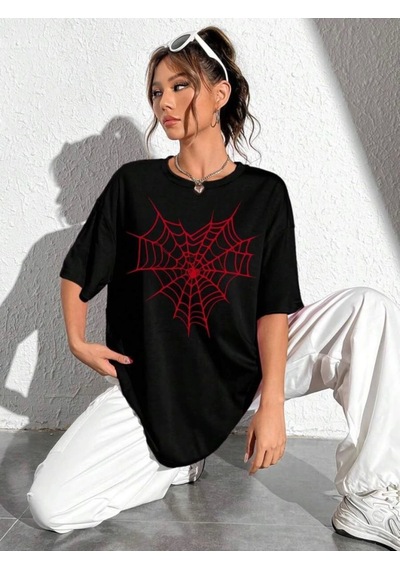 Wear Vexel Kadın Örümcek Ağ Baskılı T-shirt Kısa Kol Bisiklet Yaka Oversize Tişört - Siyah Siyah