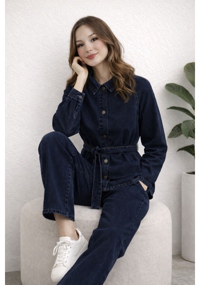 Hiramir Kadın Modern Kesim Kuşaklı Denim Takım Yz2601 Lacivert