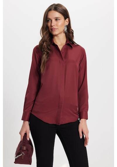 Tudors Kadın Slim Fit Dar Kesim Vucüda Oturan Uzun Kollu Gizli Düğme Detaylı Bordo Basic Gömlek-42048