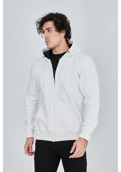 Barlashive Erkek 3 İplik Pamuklu Fermuarlı Kapüşonlu Kanguru Cepli Hoodie Hırka Sweatshirt - Beyaz Çok Renkli