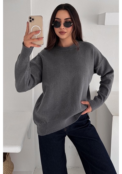 Femelle Kadın Füme Standart Beden Oversize Basic Triko Kazak - 357bnd Gri