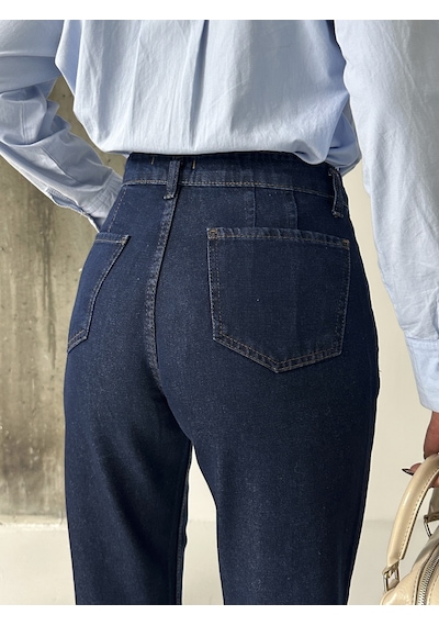 Blue Marlin Pileli Kuşaklı Mom Jeans Lacivert
