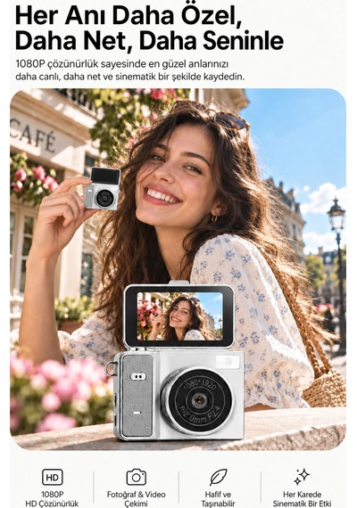 Mimtec Blm-109 Retro Mini Dijital Kamera 1080p Hd Katlanabilir Ekran Flaşlı Selfie Vlog Video Kamerası Gri