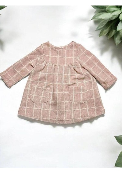 Çikoby Kız Bebek Kare Desenli Cep Detaylı Elbise-14887 Pudra