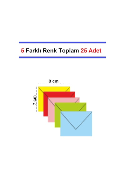 Kartvizit Zarfı Karışık 5 Farklı Renkli 80 Gr 7 X 9 Cm 25'li