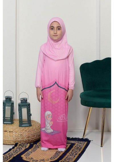 Çocuk Namaz Takımı Pratik Tek Parça Desenli Kollu Tak Çıkar Başörtülü Likralı Tesettür Elbise 6-12 Yaş 925-0201 Pembe