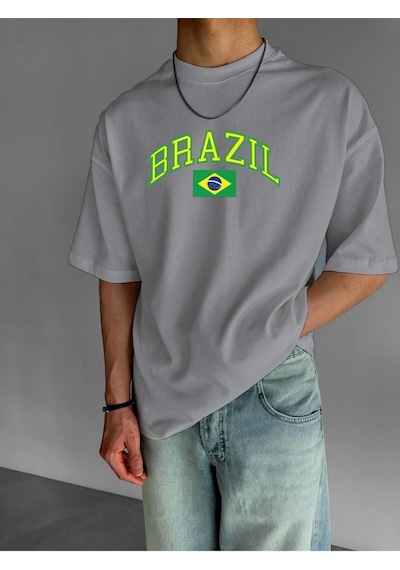 Brazıl Baskılı Oversize Tişört Gri