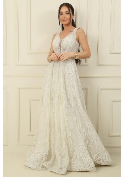 By Saygı Simli Hayalet Tül Prenses Abiye-36096-ekru