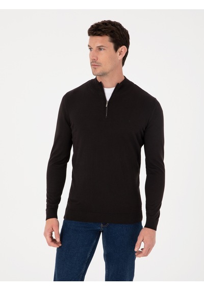 Cacharel Siyah Slim Fit Pamuk Karışımlı Yarım Fermuarlı Dik Yaka Triko Kazak Cacharel Siyah Slim Fit Pamuk Karışımlı Yarım Fermuarlı Dik Yaka Triko Kazak