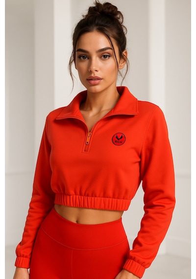 Kadın Açık Fuşya Yarım Fermuarlı Beli Lastikli Crop Sweatshirt Fuşya