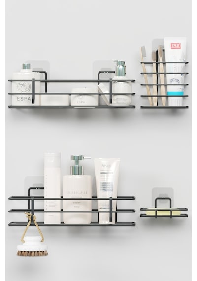 Zabata Yapışkanlı Banyo Seti Duş Rafı + Sabunluk + Diş Fırçalık Metal Set Siyah