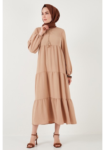 Lela Modest Regular Fit Dik Yaka Uzun Bayan Elbise 611El545 Camel