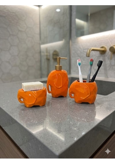 Fil Figürlü Seramik 3 Lü Banyo Seti Modern Dekoratif Banyo Aksesuar Seti Turuncu