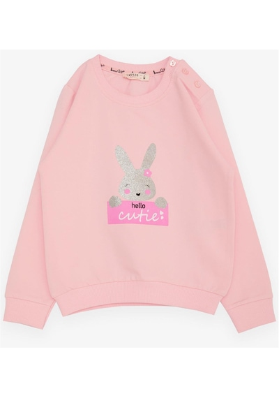 Breeze Kız Çocuk Sweatshirt Sevimli Simli Tavşancık Baskılı 1.5-5 Yaş, Pembe-pembe Pembe